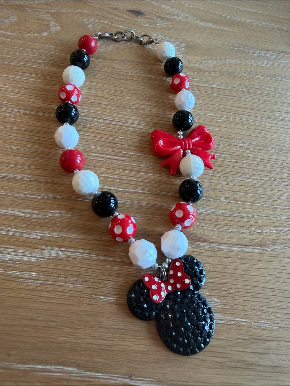 Kids Red, Black & White Beaded Necklace with Minnie-Style Pendant